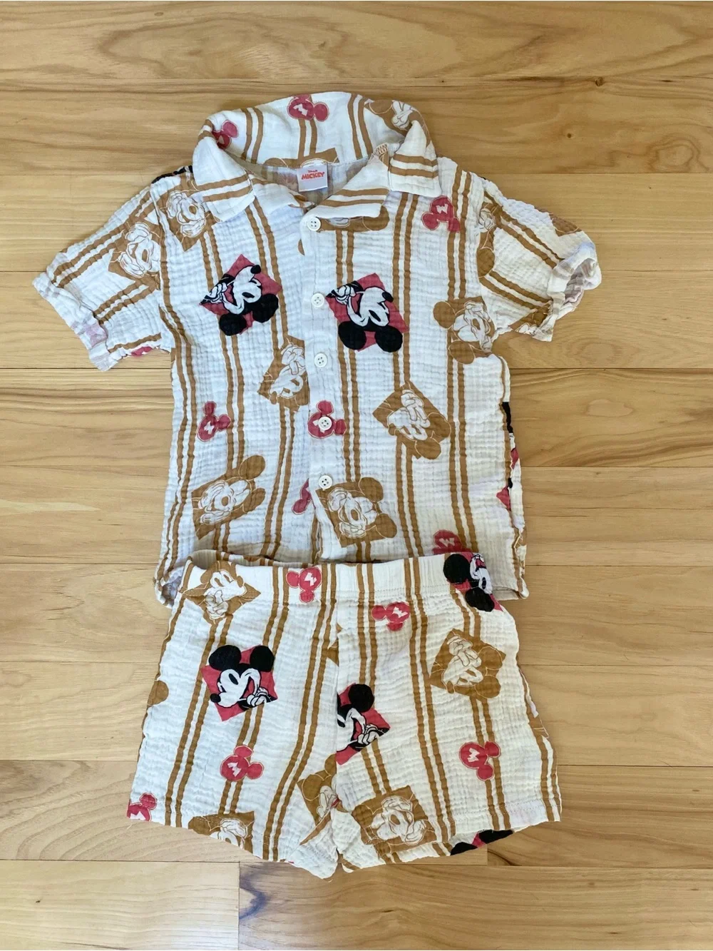 Mickey Mouse Matching Set 100% Cotton Summer Button-Up & Shorts Size 5